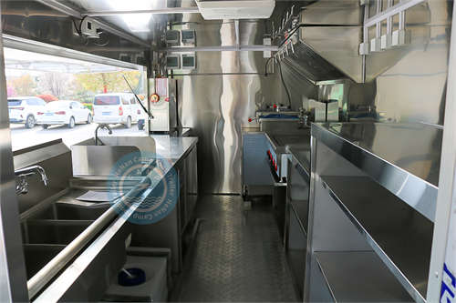 interior of black food trailer